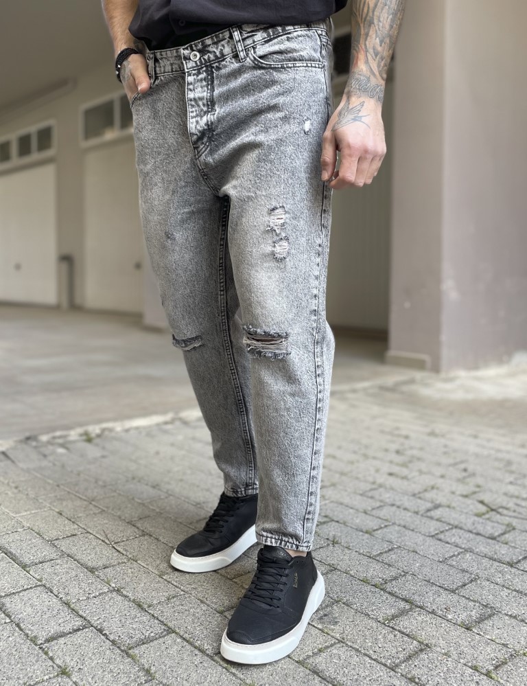 Ανδρικό γκρι loose τζιν ξεβαμμένο πεντάτσεπο με σκίσιμο 2718 φωτογραφία